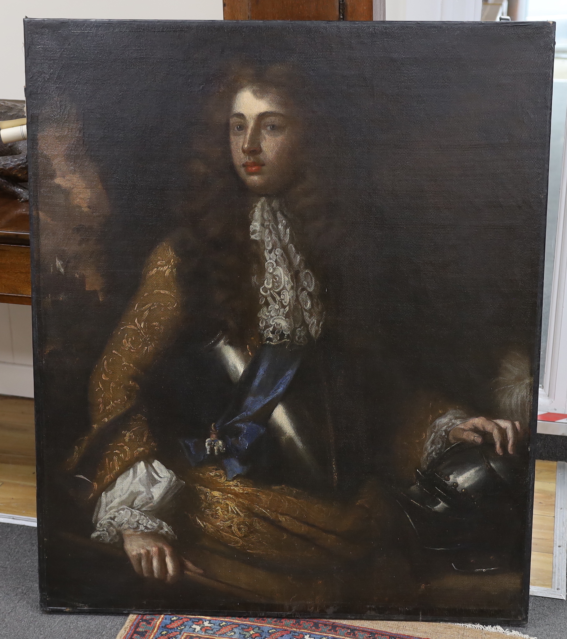 After Sir Godfrey Kneller, oil on canvas, Portrait of a gentleman wearing armour, unframed, 115 x 96cm